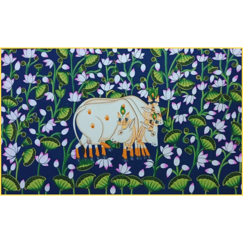 Shrinathji Pichwai – Handmade Lord Krishna with Cows Painting on Red Background